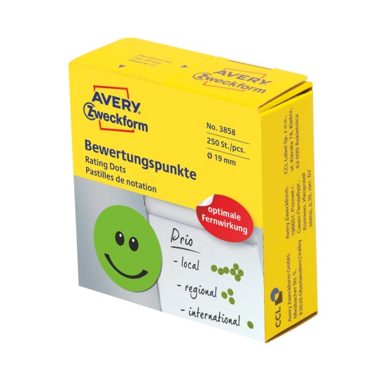 Pakkauskuva: Avery Zweckform Värilliset merkintätarrat, tuote: 3858, koko: ⌀ 19 mm, sisältö: 250 tarraa / 1 rulla, 250 tarraa/rulla?