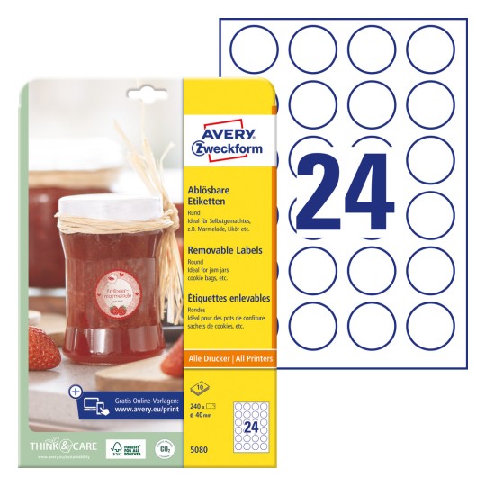Pakkauskuvaus etikettisivulla: Avery Zweckform Pyöreät etiketit, irrotettavat, artikkeli: 5080, koko: ⌀ 40 mm, tulostuskelpoisuus: mustesuihku, mustavalkolasertulostin, värilasertulostin, sisältö: 240 etikettiä / 10 arkkia, 24 etikettiä/arkki.