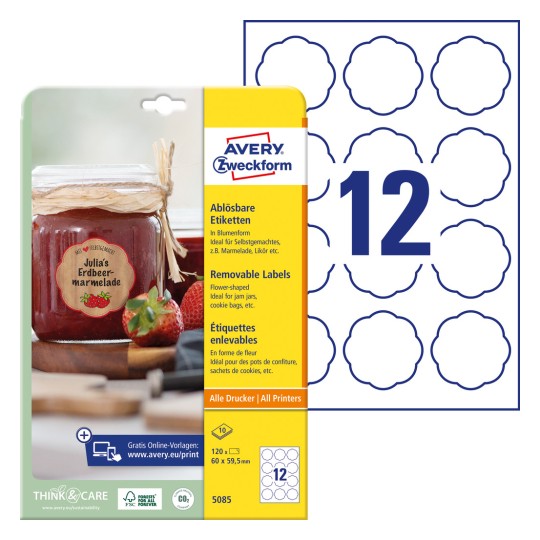 Pakkauskuva tarra-arkilla: Avery Zweckform kukkamuotoiset etiketit, irrotettavat, artikkeli: 5085, koko: 60 x 59,5 mm, tulostuskelpoisuus: mustesuihku, mustavalkoinen laser, värilaser, sisältö: 120 etikettiä / 10 arkkia, 12 etikettiä/arkki.