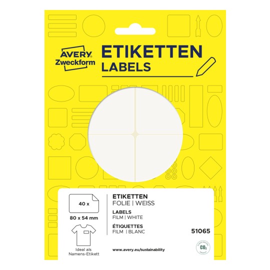Pakkauskuva: Avery Zweckform, Artikkeli: 51065, Koko: 80 x 54 mm, Sisältö: 40 etikettiä / 10 arkkia, /arkki?