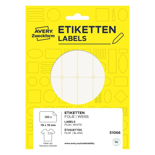 Pakkauskuva: Avery Zweckform, Artikkeli: 51066, Koko: 76 x 19 mm, Sisältö: 120 etikettiä / 10 arkkia.