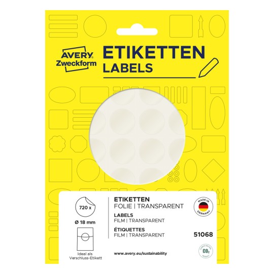 Pakkauskuva: Avery Zweckform Värilliset merkkitarrat, Artikkeli: 51068, Koko: ⌀ 18 mm, Sisältö: 720 etikettiä / 15 arkkia, 48 etikettiä/arkki.