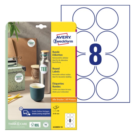 Pakkauskuvaus etikettilehdellä: Avery Zweckform Pyöreät etiketit, irrotettava, artikkeli: 6228REV-10, koko: ⌀ 69 mm, tulostinsoveltuvuus: mustesuihku, laser m/v, värilaser, sisältö: 80 etikettiä / 10 arkkia, 8 etikettiä/arkki.
