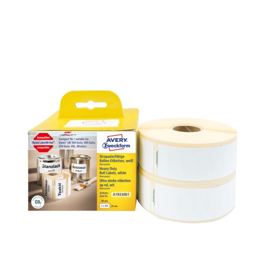Pakkauskuva etikettirullalla: Avery Zweckform -etiketit rullassa, tuote: A1933081, koko: 25 x 89 mm, tulostinvalmius: suoralämpötulostimet, Dymo LabelWriter* 300-sarja, 400-sarja, 450-sarja, 4XL, Wireless, sisältö: 700 etikettiä / 2 rullaa, 350 etikettiä/rulla.