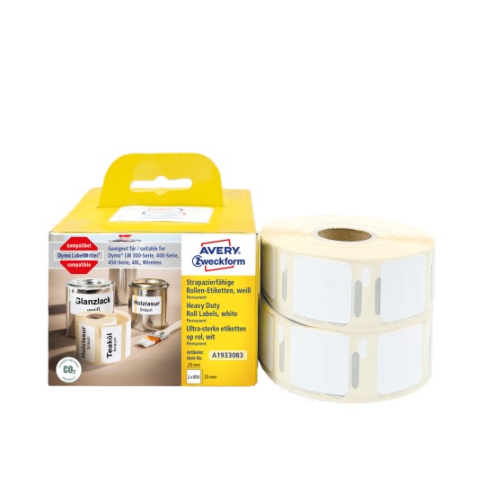 Pakkauskuvaus etikettirullineen: Avery Zweckform -rullaetiketit, tuote: A1933083, koko: 25 x 25 mm, tulostuslaitteet: lämpösiirtotulostin, Dymo LabelWriter* 300-sarja, 400-sarja, 450-sarja, 4XL, langaton, sisältö: 1 700 etikettiä / 2 rullaa, 850 etikettiä/rulla.