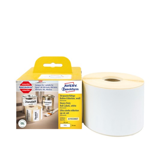 Pakkauskuva tarrarullasta: Avery Zweckform rullatarra, Artikkeli: A1933087, Koko: 59 x 190 mm, Tulostuskelpoisuus: Suoratermi-tulostin, Dymo LabelWriter* 300-sarja, 400-sarja, 450-sarja, 4XL, Langaton, Sisältö: 170 tarraa / 1 rulla, 170 tarraa/rulla.