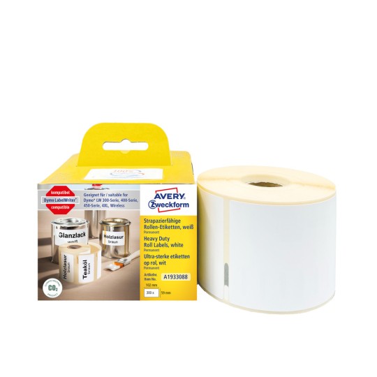 Pakkauskuva etikettirullalla: Avery Zweckform -rullaetiketit, artikkeli: A1933088, koko: 59 x 102 mm, sopiva tulostimeen: suoralämpötulostin, Dymo LabelWriter* 300-sarja, 400-sarja, 450-sarja, 4XL, langaton, sisältö: 300 etikettiä / 1 rulla, 300 etikettiä/rulla?