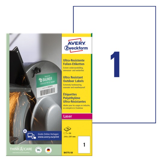 Pakkauskuva etikettilevyillä: Avery Zweckform Erittäin kestävät kalvoetiketit, Artikkeli: B4775-50, Koko: 210 x 297 mm, Tulostinyhteensopivuus: mustavalkolaser, värilaser, Sisältö: 50 etikettiä / 50 arkkia, 1 etiketti/arkki?