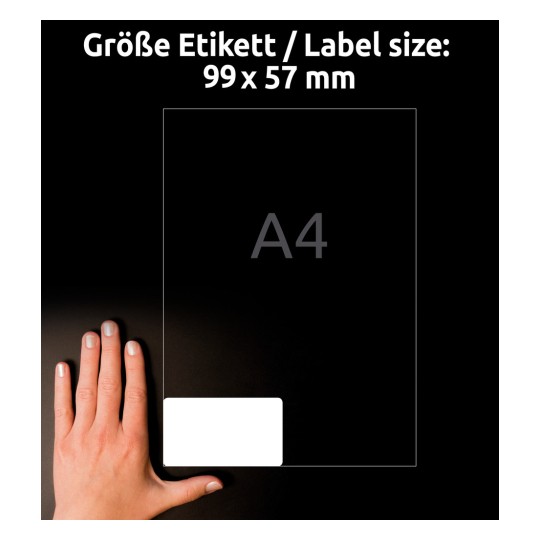 Koon vertailu käden kanssa, artikkeli: B7173-50, yksi arkkia erittäin kestäviä kalvotarrat, koko: 99 x 57 mm, väri: valkoinen?