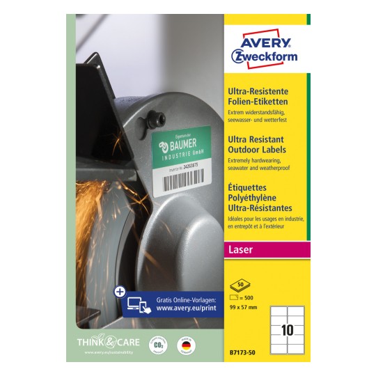 Pakkauskuva: Avery Zweckform Ultra Resistente Ulkokäyttöön Tarkoitettuja Tarroja, Artikkeli: B7173-50, Koko: 99 x 57 mm, Tulostuskelpoisuus: Mustavalkolaser, värilasertulostin, Sisältö: 500 tarraa / 50 arkkia, 10 tarraa/arkki.