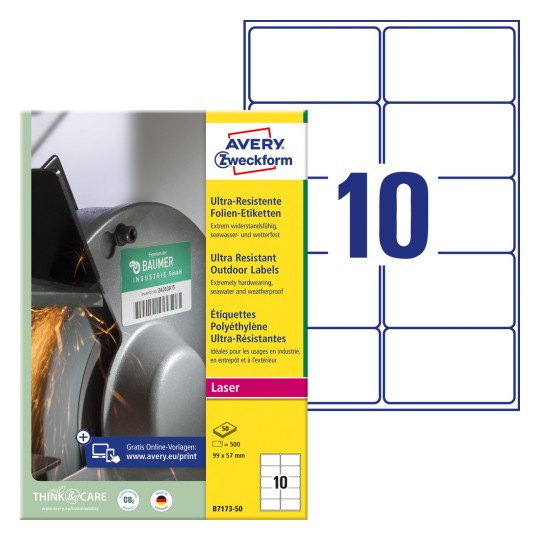 Pakkauskuvaus etikettilehdillä: Avery Zweckform Ultra-Kestävät Kalvoetiketit, Artikkeli: B7173-50, Koko: 99 x 57 mm, Tulostussoveltuvuus: Mustavalkolasertulostin, värilasertulostin, Sisältö: 500 etikettiä / 50 arkkia, 10 etikettiä/arkki.