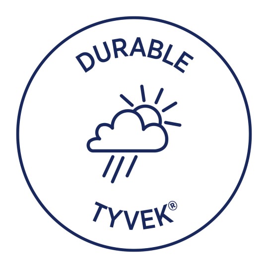 Kuvassa on logo, jossa yläosassa lukee 'DURABLE', sen alla on pilven kanssa auringonsäteitä ja sadetta kuvaava piirros, ja alaosassa lukee 'TYVEK®'. Suunnittelu viittaa säänkestävyyteen ja kestävyyteen.