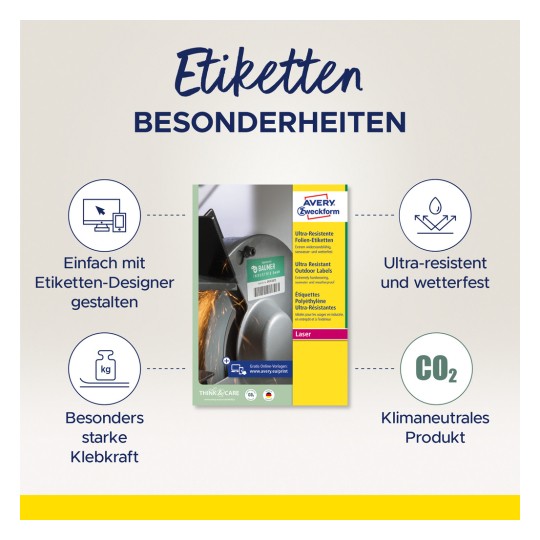 Kuva esittää etikettisuunnittelun, joka sisältää Avery Zweckform -etikettien erilaisia ominaisuuksia. Siinä korostetaan helppoa suunnittelua, erittäin kestävyyttä, vahvaa liimaa ja ilmastoneutraalisuutta, ja tuotteen kuva on vasemmalla puolella.