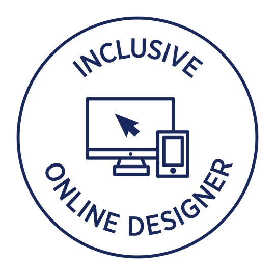 Kuva sisältää ympyrämäisen kuvion, jossa sanat 'Inclusive Online Designer' ympäröivät tietokoneen näytön ja älypuhelimen grafiikkaa, ja näytöllä on kohdistimen nuoli.