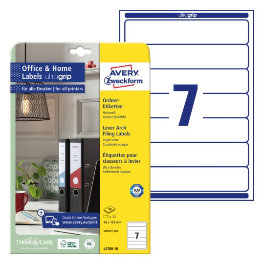 Pakkauskuva etikettilakanalla: Avery Zweckform kansioetiketit, kotitoimisto, pienpakkaus, Tuote: L4760-10, Koko: 38 x 192 mm, Tulostuskelpoisuus: mustesuihku, laser mustavalkoinen, värilaser, Sisältö: 70 etikettiä / 10 arkkia, 7 etikettiä/arkki?