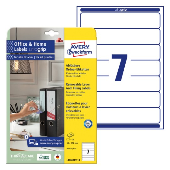 Pakkauskuva etikettilomakkeella: Avery Zweckform-kansion etiketit, irrotettavat, kotitoimistoon, pienpakkaus, tuote: L4760REV-10, koko: 38 x 192 mm, tulostuskelpoisuus: mustesuihku, laser m/v, värilaser, sisältö: 70 etikettiä / 10 arkkia, 7 etikettiä/arkki.