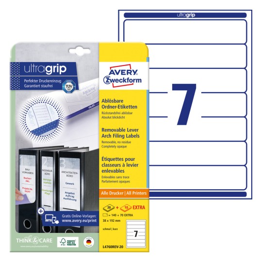 Pakkauskuva etikettiarkilla: Avery Zweckform kansioetiketit, irrotettavat, Tuote: L4760REV-20, Koko: 38 x 192 mm, Tulostuskelpoisuus: Mustesuihku, Laser mustavalko, Väritulostin, Sisältö: 210 etikettiä / 30 arkkia, 7 etikettiä/arkki.