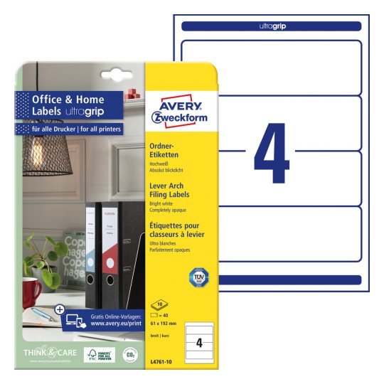 Pakkauskuva etikettilehdellä: Avery Zweckform Kansion etiketit, Kodin toimisto, Pienpakkaus, Artikkeli: L4761-10, Koko: 61 x 192 mm, Tulostuskelpoisuus: Mustesuihku, Laser mv, Väritulostin, Sisältö: 40 etikettiä / 10 arkkia, 4 etikettiä/arkki.
