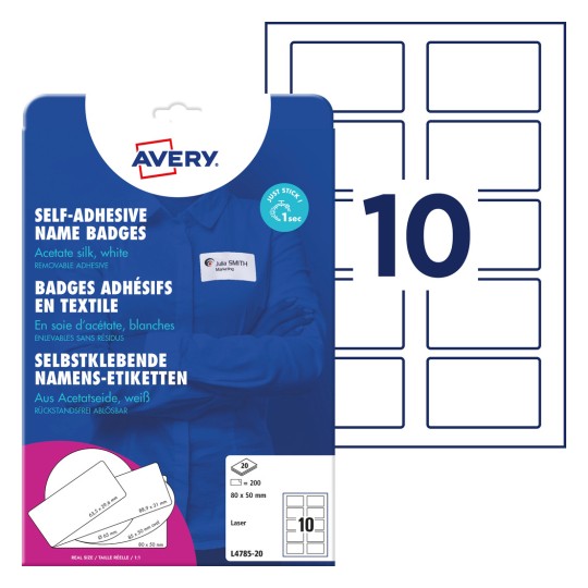 Pakkauskuva etikettilehden kanssa: Avery Zweckform nimilaput, Artikkeli: L4785-20, Koko: 80 x 50 mm, Tulostinyhteensopivuus: mustavalkolasertulostin, värilasertulostin, Sisältö: 200 etikettiä / 20 arkkia.