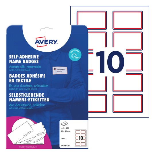 Pakkauskuva etikettilehdistä: Avery Zweckform nimeämistarrat, artikkeli: L4786-20, koko: 80 x 50 mm, tulostukseen soveltuvuus: mustavalkolaser, värilasertulostin, sisältö: 200 etikettiä / 20 arkkia.