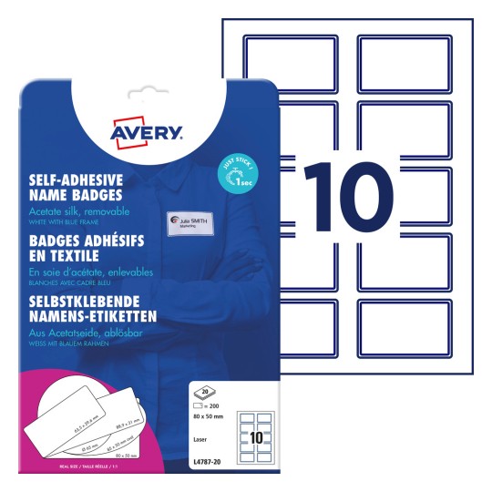 Pakkauskuva etikettisivulla: Avery Zweckform nimi-etiketit, Artikkeli: L4787-20, Koko: 80 x 50 mm, Tulostussoveltuvuus: mustavalkolasertulostin, värilasertulostin, Sisältö: 200 etikettiä / 20 arkkia, /arkki?