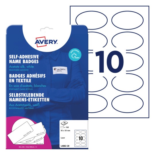Pakkauskuva etikettipaperilla: Avery Zweckform nimilaput, Artikkeli: L4882-20, Koko: 85 x 50 mm, Tulostuskelpoisuus: Laser mustavalko, värilaseri, Sisältö: 200 etikettiä / 20 arkkia, /arkki?