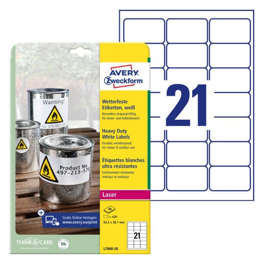 Pakkauksen kuva etikettipaperiarkilla: Avery Zweckform Säänkestävät kalvoetiketit, Artikkeli: L7060-20, Koko: 63,5 x 38,1 mm, Tulostuskelpoisuus: Mustavalkolasertulostin, värilasertulostin, Sisältö: 420 etikettiä / 20 arkkia, 21 etikettiä/arkki.