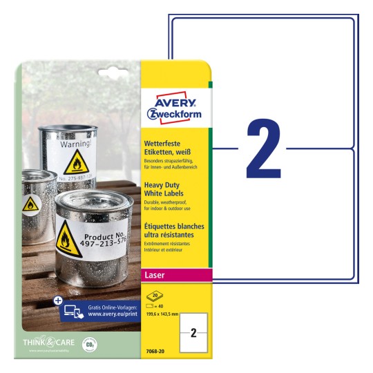 Pakkauskuva etikettilomakkeella: Avery Zweckform sääolosuhteita kestävät kalvoetiketit, artikkeli: L7068-20, koko: 199,6 x 143,5 mm, tulostuskelpoisuus: mustavalkolaser, värilaser, sisältö: 40 etikettiä / 20 arkkia, 2 etikettiä/arkki.
