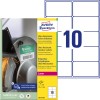 Pakkauskuvaus etikettilehdillä: Avery Zweckform Ultra-Kestävät Kalvoetiketit, Artikkeli: B7173-50, Koko: 99 x 57 mm, Tulostussoveltuvuus: Mustavalkolasertulostin, värilasertulostin, Sisältö: 500 etikettiä / 50 arkkia, 10 etikettiä/arkki.