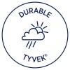 Kuvassa on logo, jossa yläosassa lukee 'DURABLE', sen alla on pilven kanssa auringonsäteitä ja sadetta kuvaava piirros, ja alaosassa lukee 'TYVEK®'. Suunnittelu viittaa säänkestävyyteen ja kestävyyteen.