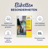 Kuva esittää etikettisuunnittelun, joka sisältää Avery Zweckform -etikettien erilaisia ominaisuuksia. Siinä korostetaan helppoa suunnittelua, erittäin kestävyyttä, vahvaa liimaa ja ilmastoneutraalisuutta, ja tuotteen kuva on vasemmalla puolella.