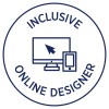 Kuva sisältää ympyrämäisen kuvion, jossa sanat 'Inclusive Online Designer' ympäröivät tietokoneen näytön ja älypuhelimen grafiikkaa, ja näytöllä on kohdistimen nuoli.