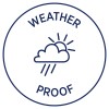 Kuvassa on pyöreä merkki, jossa lukee 'WEATHER PROOF' pilven, sateen ja auringon teemojen ylä- ja alapuolella. Se välittää ajatuksen suojasta erilaisia sääolosuhteita vastaan.